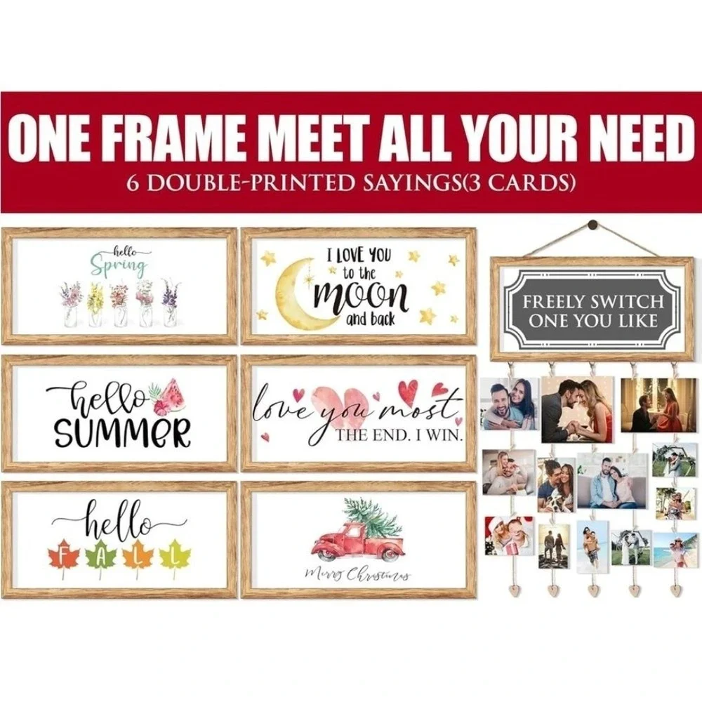 Rustic Wooden Hanging Photo Display Frame Interchangeable Seasonal Sayings 16x8
